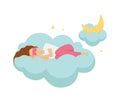 Vector illustration of sleeping girl on blue cloud. Moon and stars. Sweet dreams.